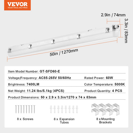 LED drėgmei atsparus šviestuvas VEVOR GT-SFD60-E, 60W