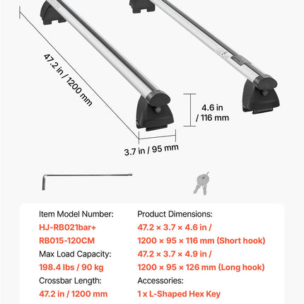 Stogo skersiniai VEVOR HJ-RB021bar+RB015-120CM, 90 kg keliamoji galia