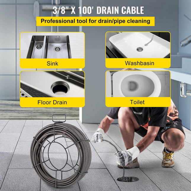 Vamzdžių valymo trosas VEVOR 30 m x 9,5 mm, tvirta plieninė šerdis