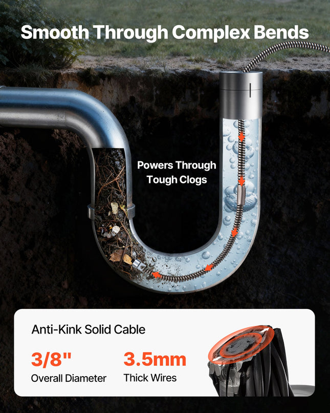 Kanalizacijos valymo trosas VEVOR, 15 m x 9,5 mm