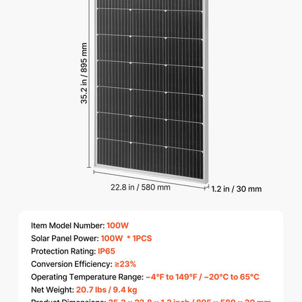 Monokristalinė saulės baterija VEVOR 100W, 23 % efektyvumas