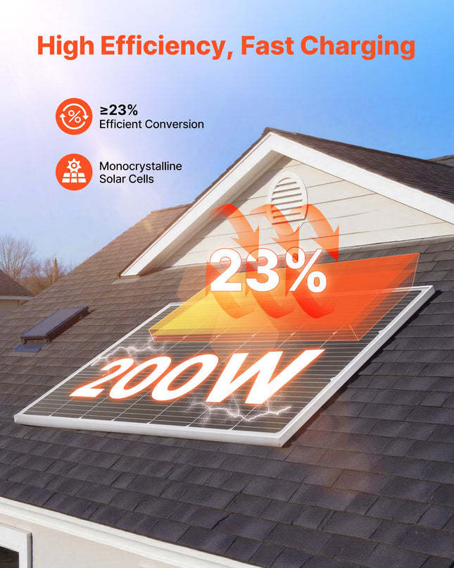Monokristalinė saulės baterija VEVOR 200W, 23 % efektyvumas
