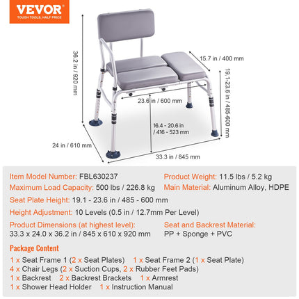 Vonios suoliukas-perkėlimo kėdė VEVOR FBL630237, 226 kg apkrova