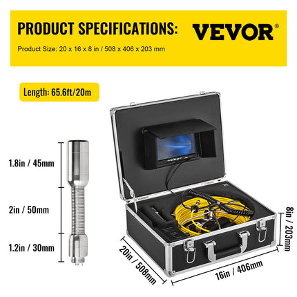 Vamzdynų patikros kamera VEVOR 20M 7Inch, 7 colių LCD ekranas