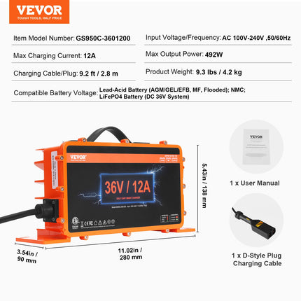 Golfo vežimėlio akumuliatorių įkroviklis VEVOR GS950C-3601200, 36V 12A