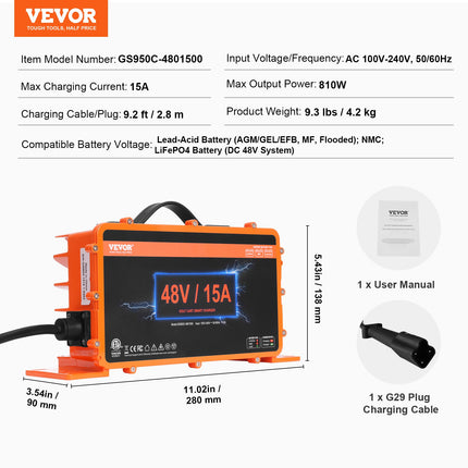 Golfomobilio akumuliatorių įkroviklis VEVOR GS950C-4801500, 48V 15A