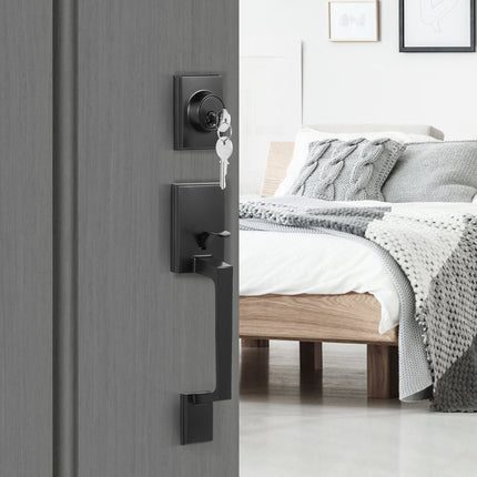 Lauko durų rankenos ir spynos komplektas VEVOR DT1103-BLK, matinė juoda