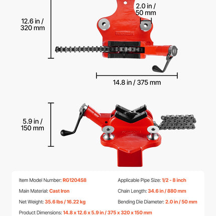 Grandininis vamzdžių spaustuvas VEVOR RG1204S8, 1/2" - 8" talpa