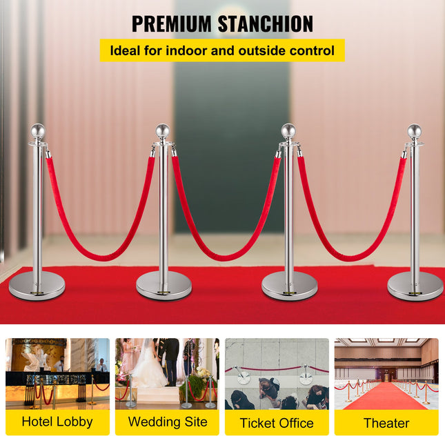 Eilių valdymo atitvarai VEVOR Silver Stanchions 4Pcs, 4 stulpeliai su 2 virvėmis