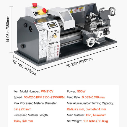 Metalo tekinimo staklės VEVOR WM210V, 550 W