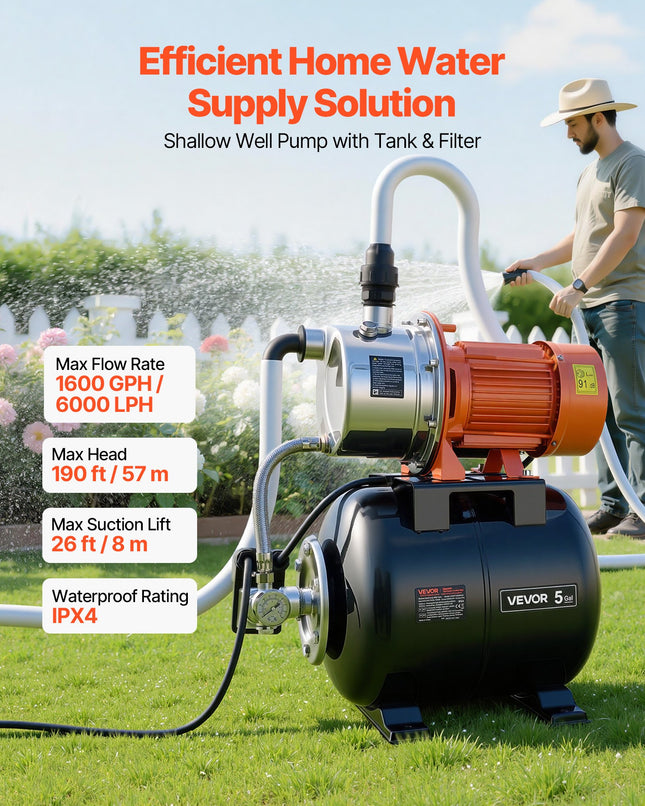 Vandens siurblys su hidroforu VEVOR ZXGPT1300INOX, 6000 l/val.