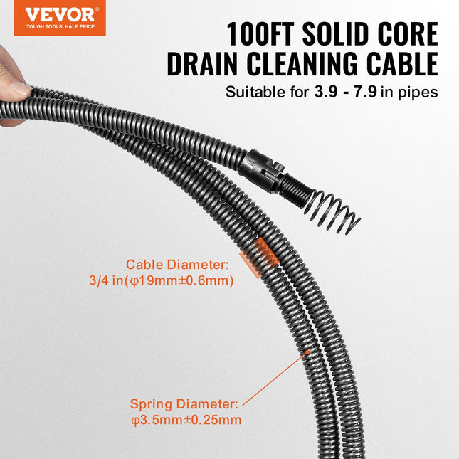 Kanalizacijos valymo trosas VEVOR RC-9001C, 30,5 m x 19 mm