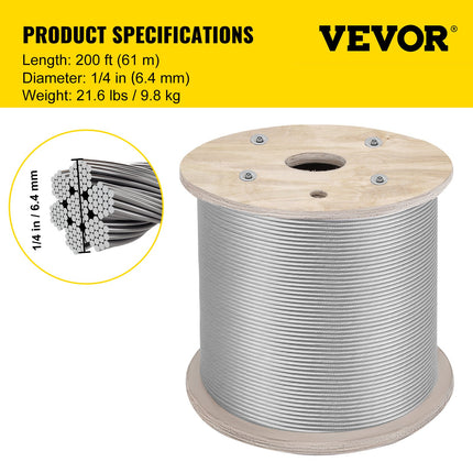 Plieninis trosas VEVOR T304 7x19, 6.4 mm x 61 m
