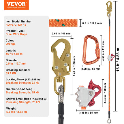 Arboristinis saugos lynas VEVOR ROPE-G-127-16, 4,8 m
