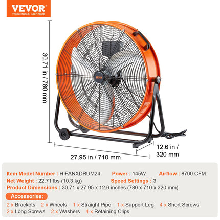 Pramoninis būgninis ventiliatorius VEVOR HIFANXDRUM24, 8700 CFM
