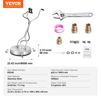 Aukšto slėgio plovimo įrenginio paviršių valytuvas VEVOR BS24S, 61 cm