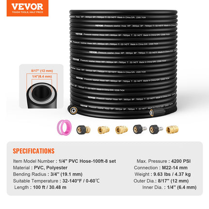 Aukšto slėgio plovimo įrenginio žarna VEVOR 1/4" PVC Hose-100ft-8 set, 30,5 m