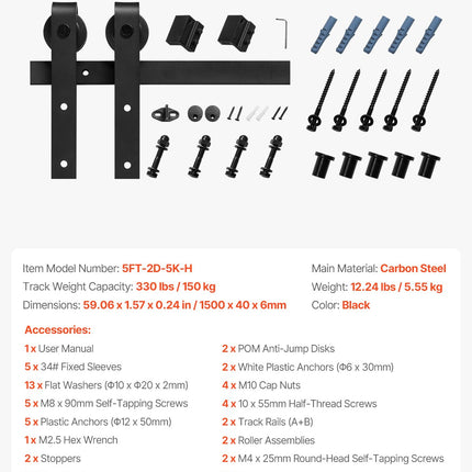 Stumdomų durų mechanizmas VEVOR 5FT-2D-5K-H, 150 kg keliamoji galia