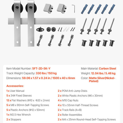 Stumdomų durų mechanizmas VEVOR 5FT-2D-5K-Y, 150 kg keliamoji galia