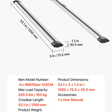 Stogo bagažinės skersiniai VEVOR HJ-RB015bar-135CM, 100 kg apkrova