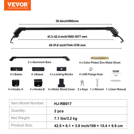 Universali stogo bagažinės skersinių sistema VEVOR HJ-RB017, 70 kg keliamoji galia
