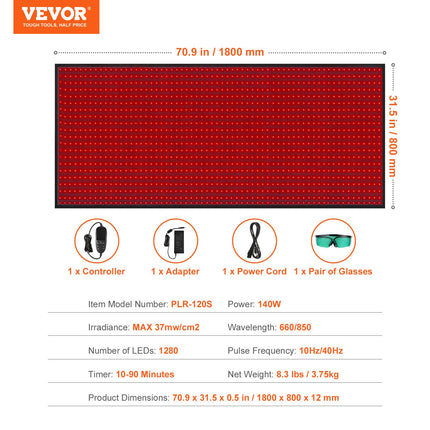 Raudonos šviesos terapijos kilimėlis VEVOR PLR-120S, 1280 LED diodų