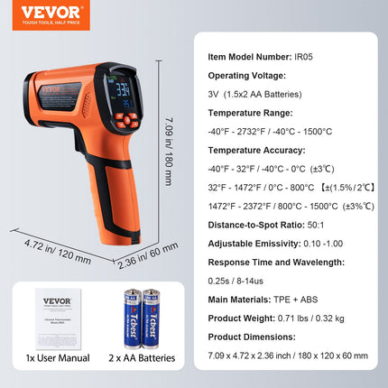 Infraraudonųjų spindulių termometras VEVOR IR05, nuo -40°C iki 1500°C