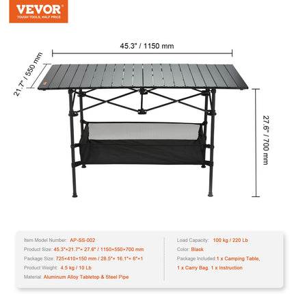 Sulankstomas kempingo stalas VEVOR AP-SS-002, 115 cm ilgio