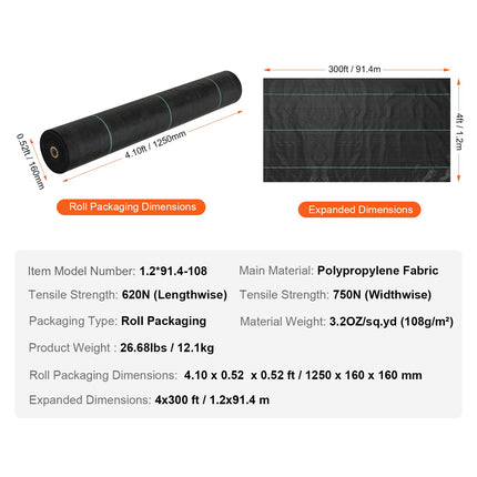 Agrotekstilė nuo piktžolių VEVOR 1.2x91.4 m, 108 g/m²