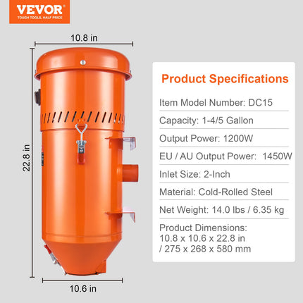Dulkių surinkimo sistema VEVOR DC15, 1450 W