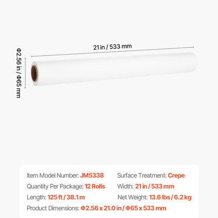 Medicininis kušetės popierius VEVOR JM5338, 53 cm x 38 m, 12 vnt.
