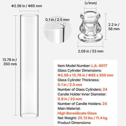 Cilindrinių žvakidžių rinkinys VEVOR LJL-8017, 24 vnt., 65x350 mm
