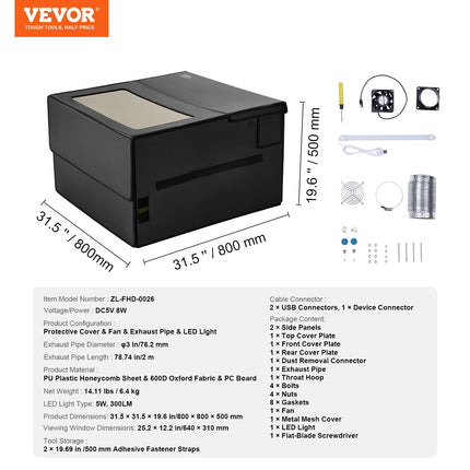 Lazerinio graviravimo staklių gaubtas VEVOR ZL-FHD-0026, 800 x 800 x 500 mm