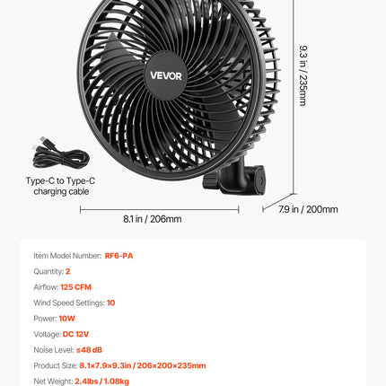 Prisegamas augalų ventiliatorius VEVOR RF6-PA, įkraunamas, 2 vnt. rinkinys