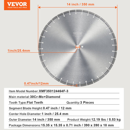 Deimantiniai pjovimo diskai VEVOR XMF350124464F-3, 350 mm