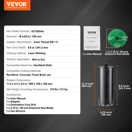 Deimantinė gręžimo karūna VEVOR 107300AA, 108 mm skersmens