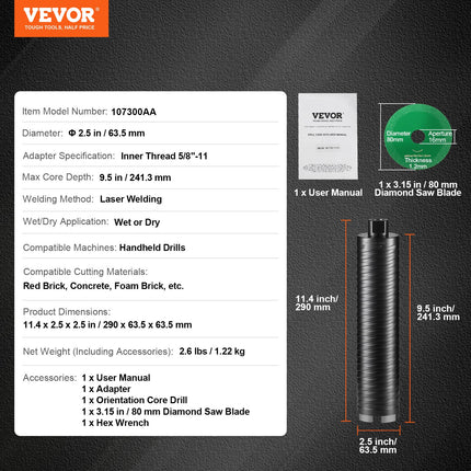 Deimantinė gręžimo karūna VEVOR 63300AA, 63,5 mm skersmens