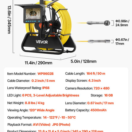 Vamzdynų patikros kamera VEVOR WP9602B, 50 m
