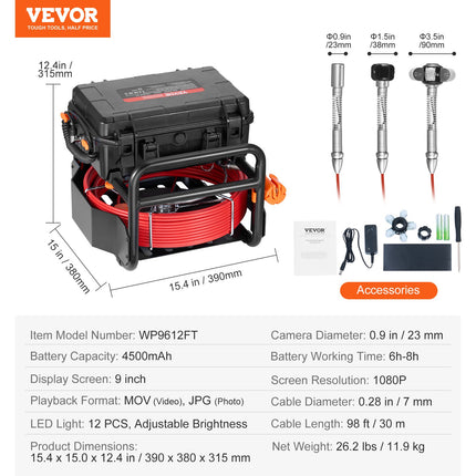 Vamzdynų patikros kamera VEVOR WP9612FT, 30 m