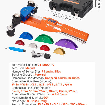 Vamzdžių lenkimo įrankių rinkinys VEVOR CT-S999F-C, 6–22 mm