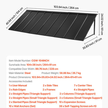 Metalinis stogelis virš durų VEVOR CGW-104INCH, 264 x 91 cm
