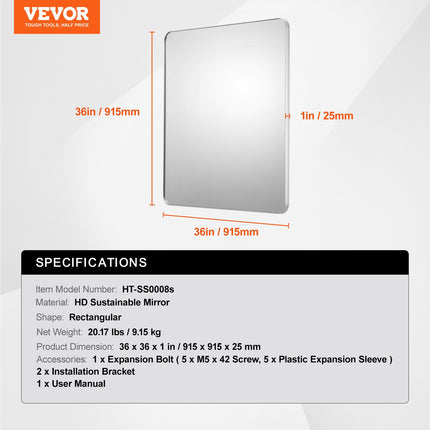 Sieninis makiažo veidrodis VEVOR HT-SS0008s, 91,5 x 91,5 cm