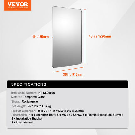 Sieninis veidrodis VEVOR HT-SS0009s, 91,6 x 122 cm