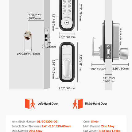 Mechaninė kodinė durų spyna VEVOR OL-601QD3-03, 4–7 skaitmenų kodas