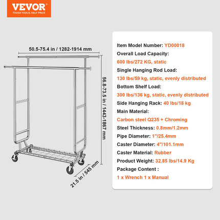 Drabužių kabykla VEVOR YD00018, 272 kg apkrova