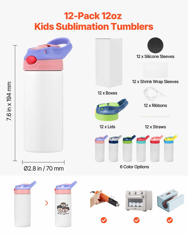 Sublimaciniai puodeliai vaikams VEVOR G12H0T3B, 355 ml, 12 vnt.