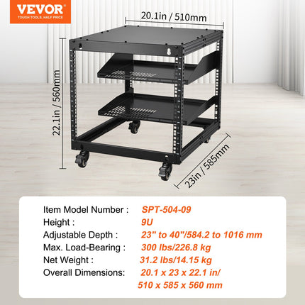 Atviro rėmo serverių spinta VEVOR SPT-504-09, 9U, reguliuojamas gylis