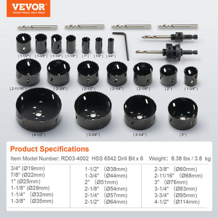 Karūninių grąžtų rinkinys VEVOR RD03-4002, 18 vnt. bimetalinių pjūklų