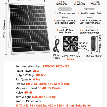 Saulės energija varomas ventiliatorius VEVOR 25W-XC12025X12Z, 25W