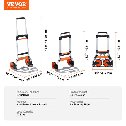 Sulankstomas transportavimo vežimėlis VEVOR GZS100AT, 125 kg keliamoji galia